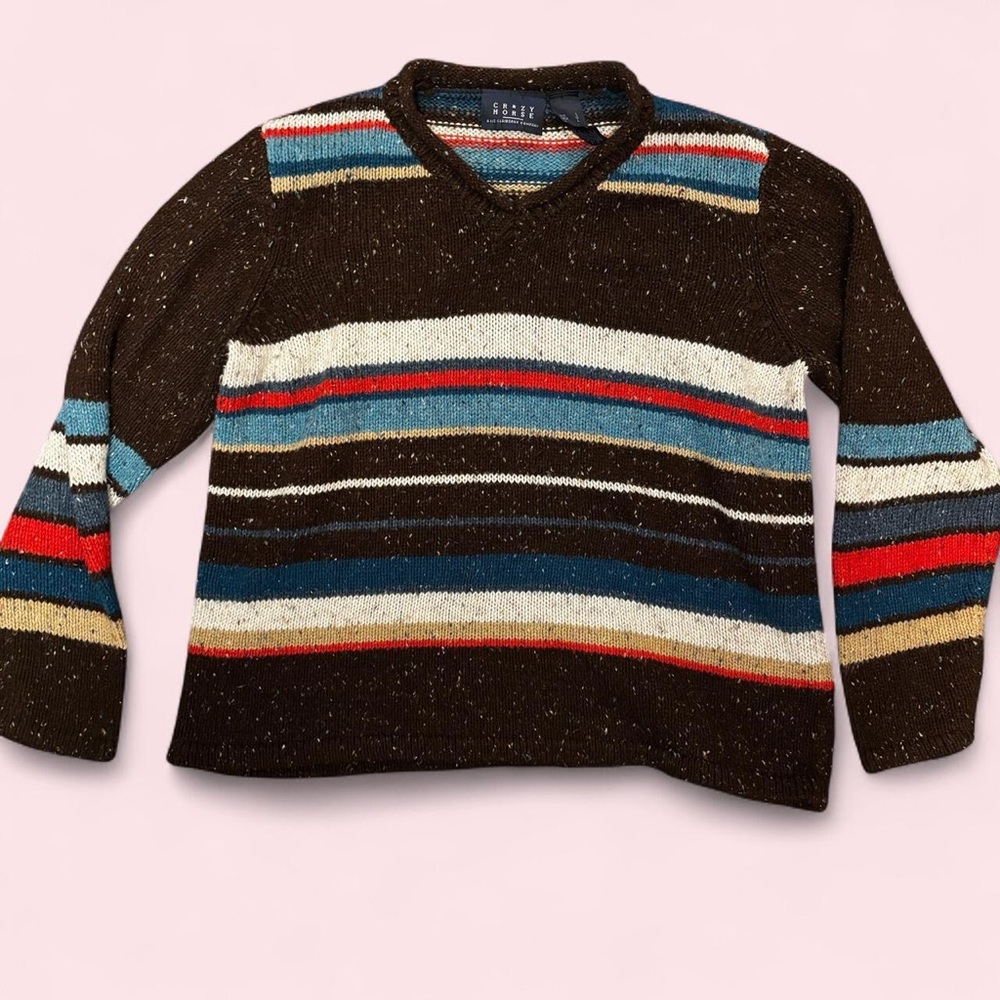 Crazy Horse by Liz Claiborne Striped Knit Sweater Retro Brown Multicolor Size L